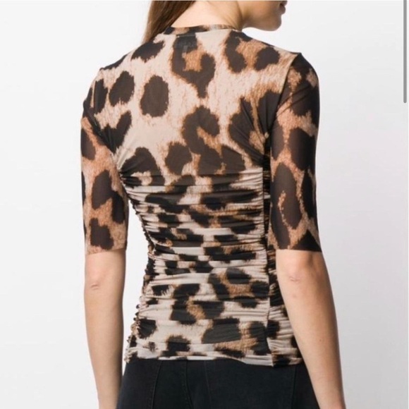 Ganni Ruched Leopard Print Stretch Mesh in Brown/Black/Medium - Picture 2 of 10